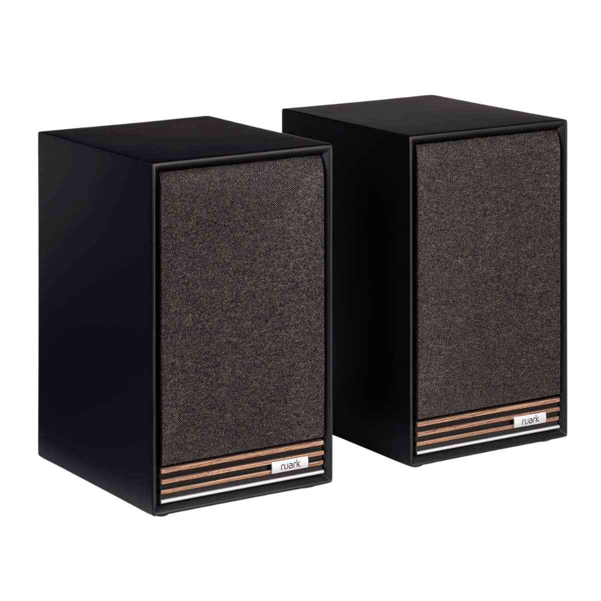 Ruark Sabre R Bookshelf Speakers #colour_Satin charcoal cabinet and walnut grille