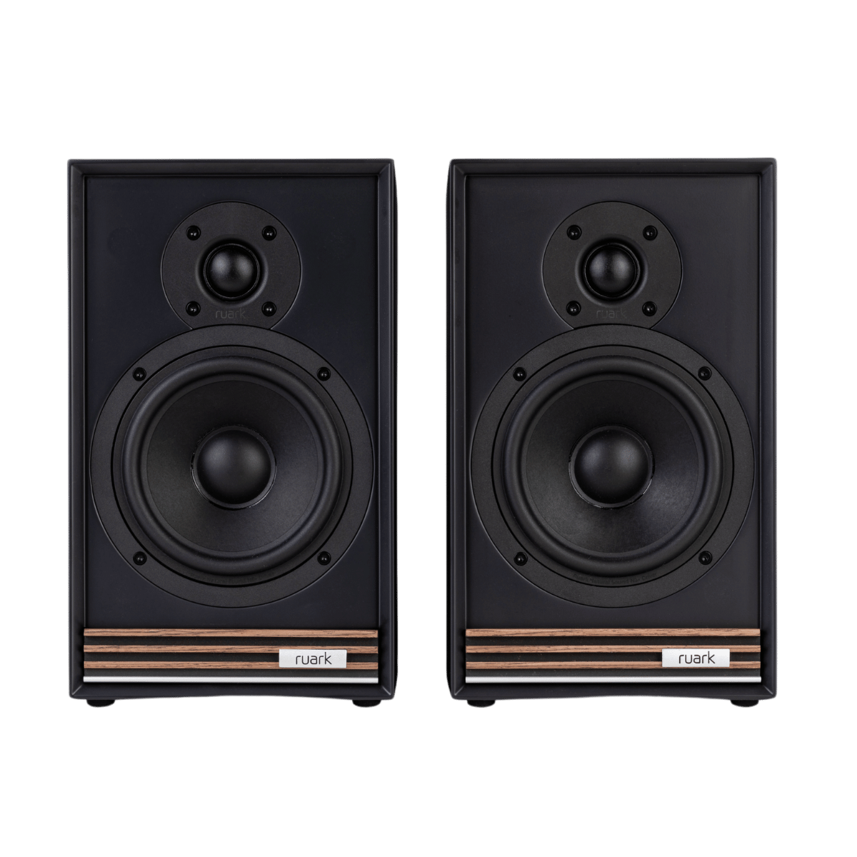 Ruark Sabre R Bookshelf Speakers #colour_Satin charcoal cabinet and walnut grille